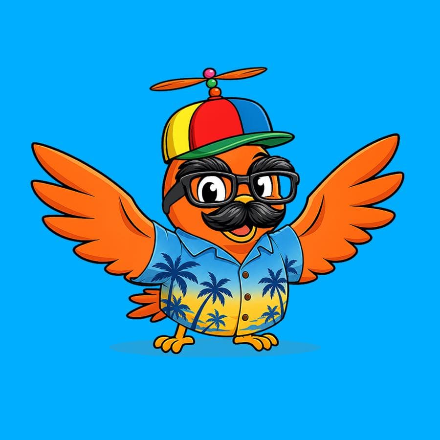 Boopy #1044: Blue background, Vacation Shirt, Mustache Glasses, Spinner Hat