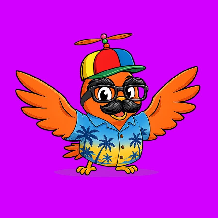 Boopy #1154 — Purple background, Vacation Shirt, Mustache Glasses, Spinner Hat