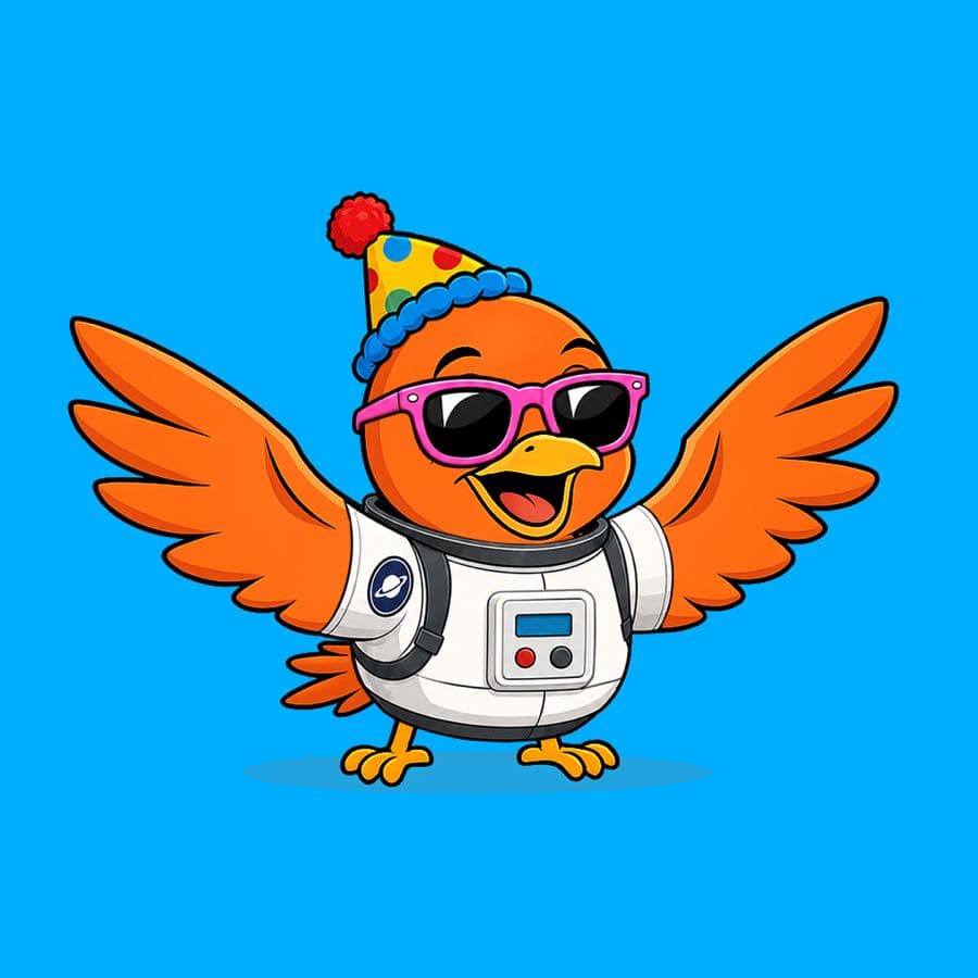 Boopy #1216: Blue background, Astronaut Suit, Pink Wayfarers, Clown Hat