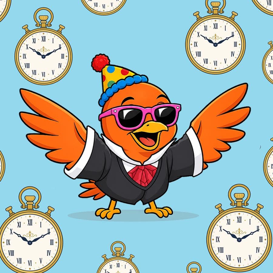 Boopy #1283 — Time Traveller background, Fancy Suit, Pink Wayfarers, Clown Hat