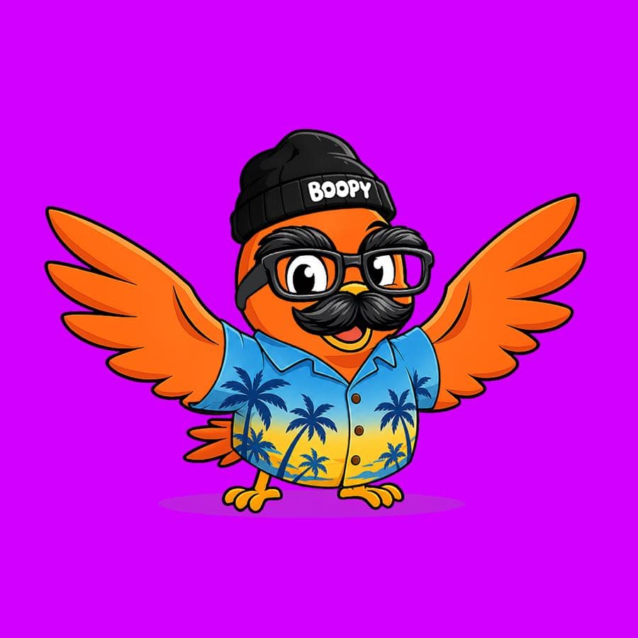 Boopy #1354 — Purple background, Vacation Shirt, Mustache Glasses, Boopy Beanie