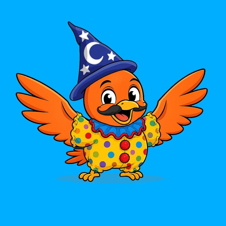 Boopy #330 — Blue background, Clown Suit, Wizard Hat + Mustache