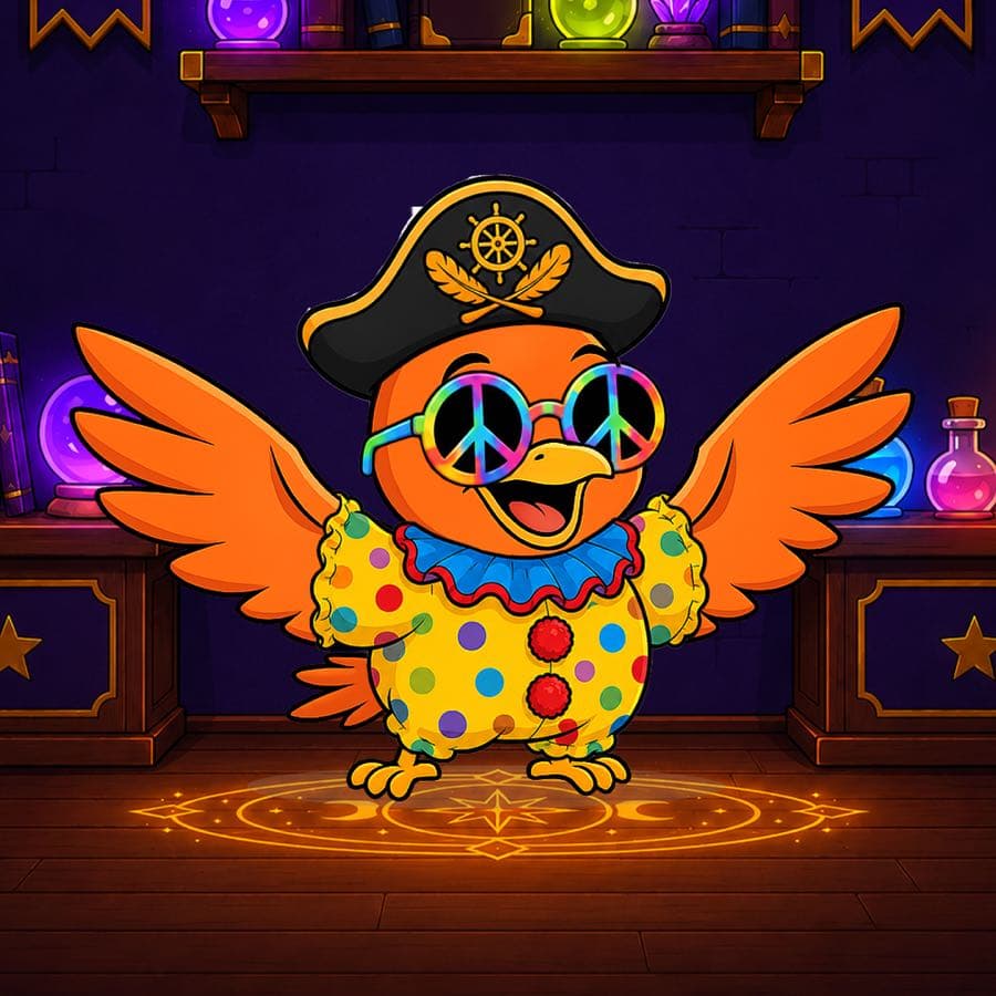 Boopy #594 — Wizard Lab background, Clown Suit, Peace Glasses, Pirate Hat