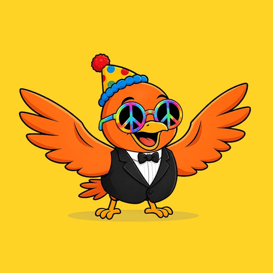 Boopy #729 — Yellow background, Black Tie Suit, Peace Glasses, Clown Hat